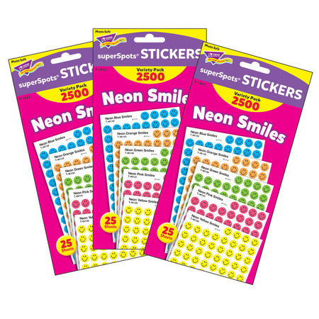Neon Smiles superSpots&reg; Stickers Variety Pack, 2500 Per Pack, 3 Packs