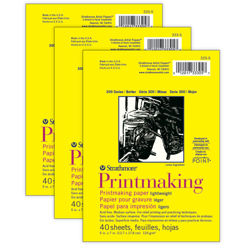 300 Series Printmaking Pad, Glue Binding, 40 Sheet, 5x7 inch, Pack of 3