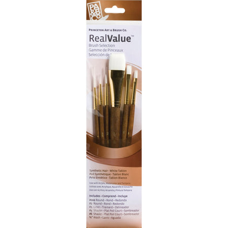 RealValue Brush Set, White Taklon Bristles, Short Handle Mixed Media Paintbrush, Brown, 6 Pieces