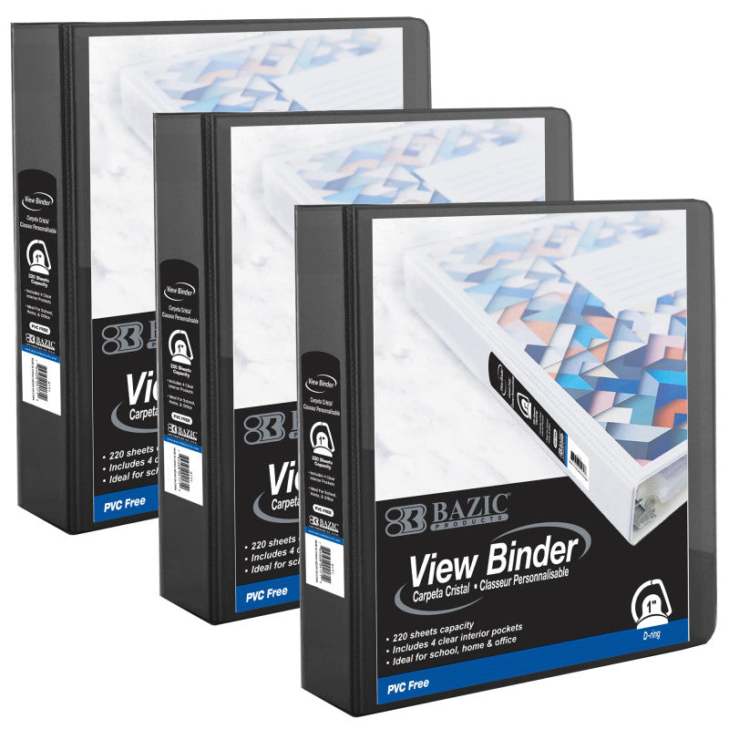 PVC-Free Slant-D Ring View Binder with 4-Pockets, 1", Black, Pack of 3