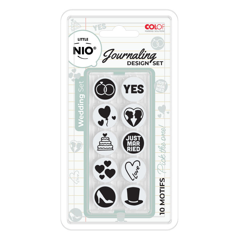 Little NIO Wedding Journaling Stamp Set, 10 Interchangeable Designs, 17 mm Round Imprint