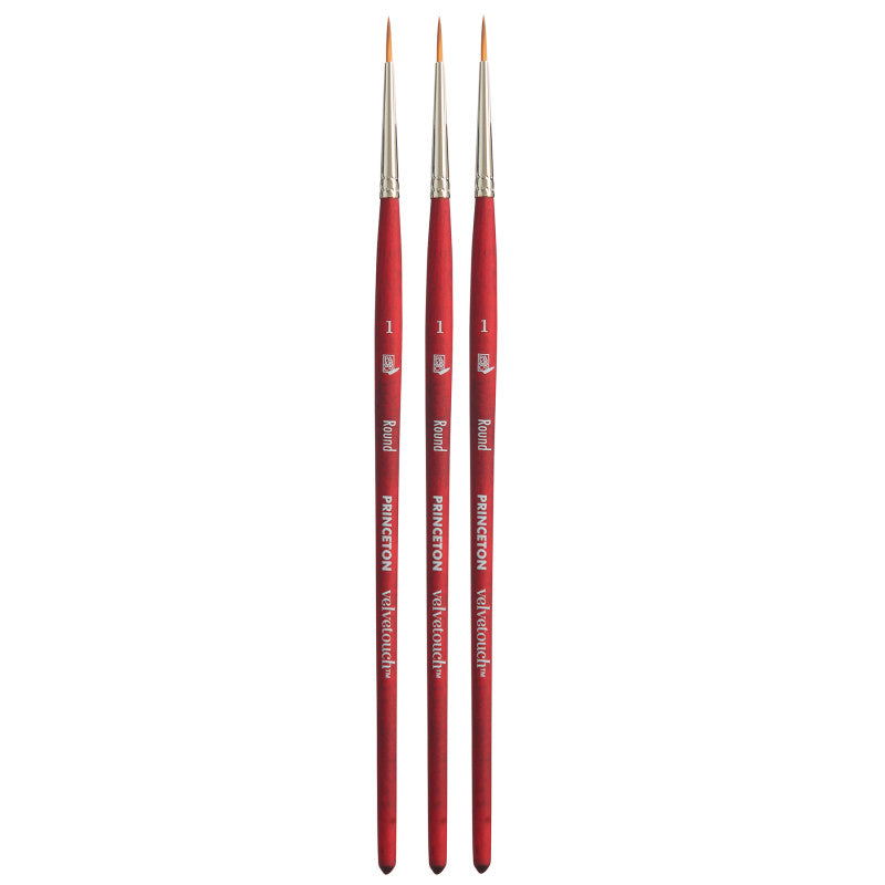 Velvetouch Round Brush, Synthetic Bristles, Short Handle Mixed Media Paintbrush, Scarlet, Size 1, Pack of 3