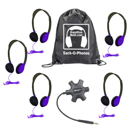 Galaxy&trade; Econo-Line of Sack-O-Phones with 5 Purple Personal-Sized Headphones, Starfish Jackbox and Carry Bag