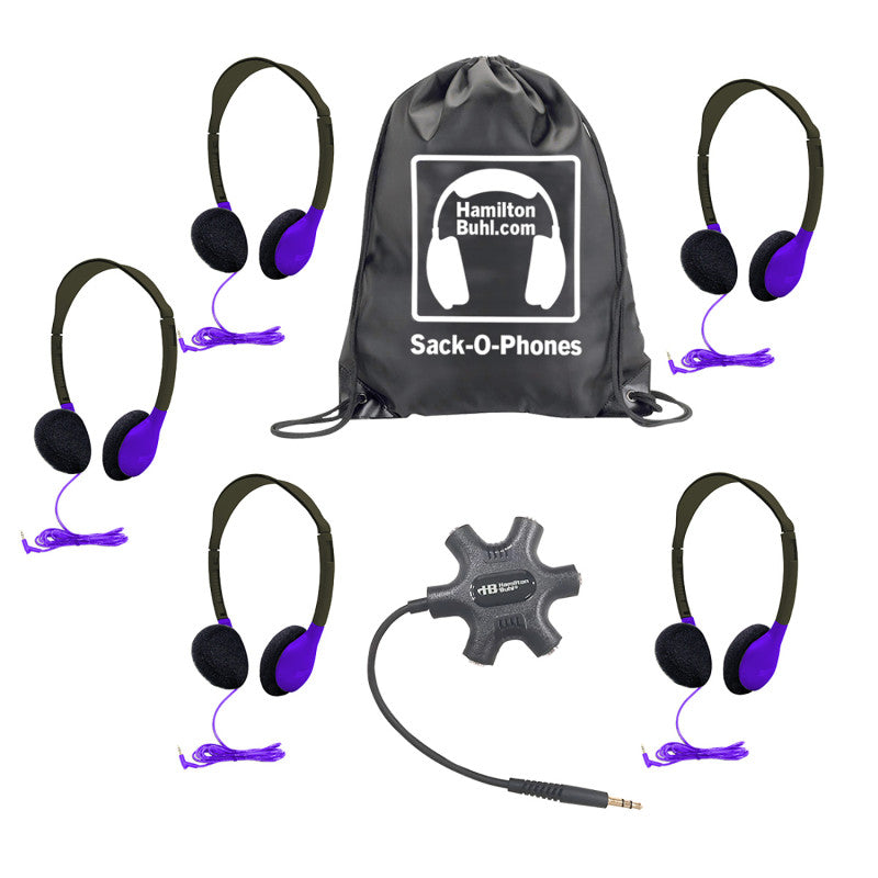 Galaxy&trade; Econo-Line of Sack-O-Phones with 5 Purple Personal-Sized Headphones, Starfish Jackbox and Carry Bag