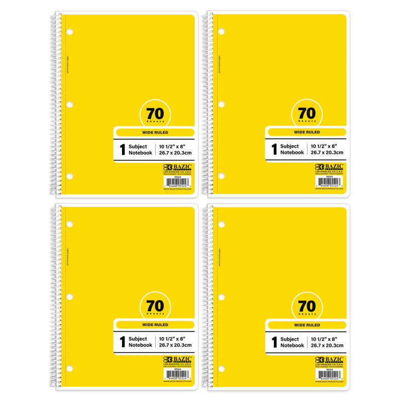 1-Subject Spiral Notebooks, Wide Ruled, 70 Count, Yellow, 4-Pack