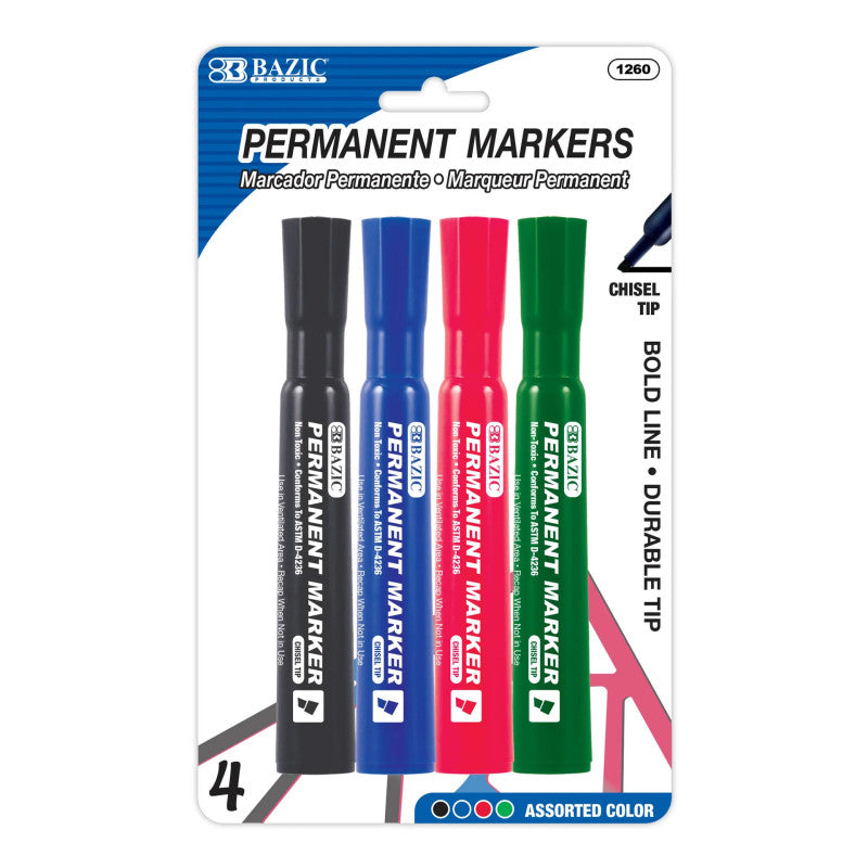 Desk Style Permanent Markers, Chisel Tip, Assorted Colors, Pack of 4