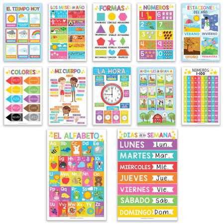 Colorful Spanish Preschool Educational Laminated Posters, Set of 12
