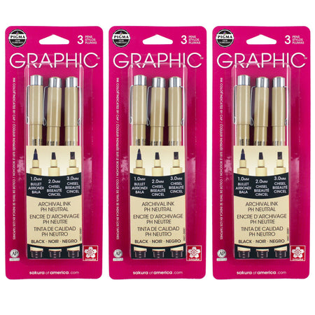 Pigma Graphic Pens, Black, Assorted Tips, 3 Per Pack, 3 Packs