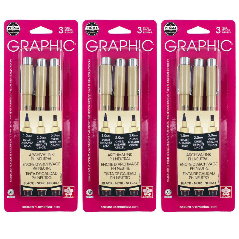 Pigma Graphic Pens, Black, Assorted Tips, 3 Per Pack, 3 Packs