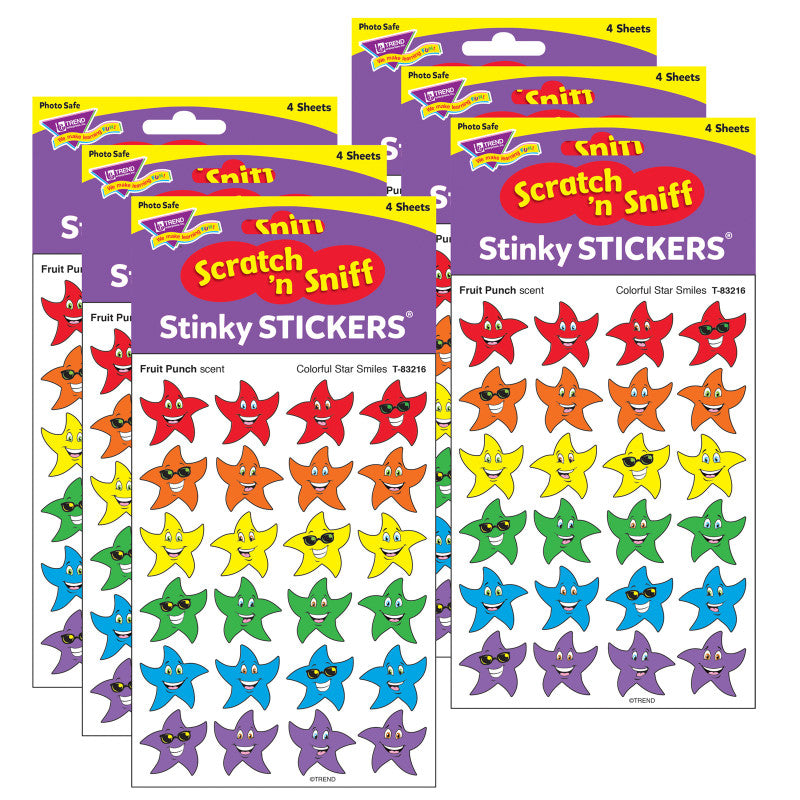 Colorful Star Smiles/Fruit Punch Stinky Stickers&reg;, 96 Per Pack, 6 Packs