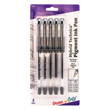 Hybrid Technica Gel Pen, Assorted Tip Sizes (0.05, 0.1, 0.3, 0.5, 0.8), Black Ink 5-Pk