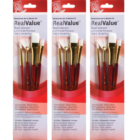 RealValue Brush Set, White Taklon Bristles, Short Handle Mixed Media Paintbrush, Red, 4 Per Set, 3 Sets