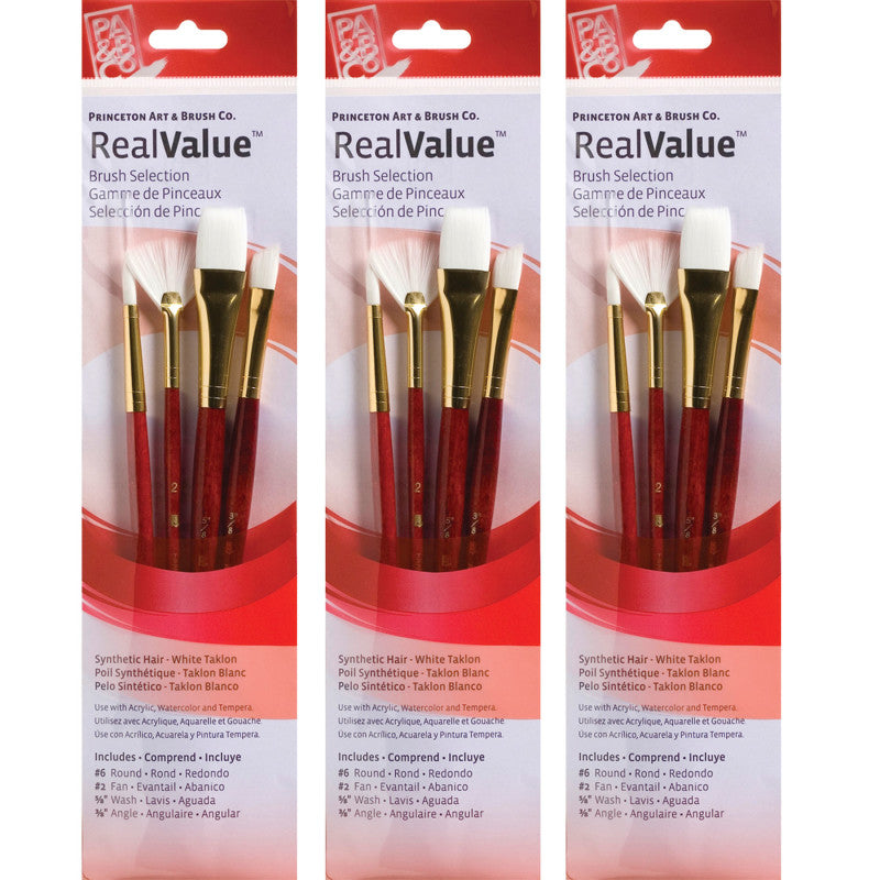 RealValue Brush Set, White Taklon Bristles, Short Handle Mixed Media Paintbrush, Red, 4 Per Set, 3 Sets