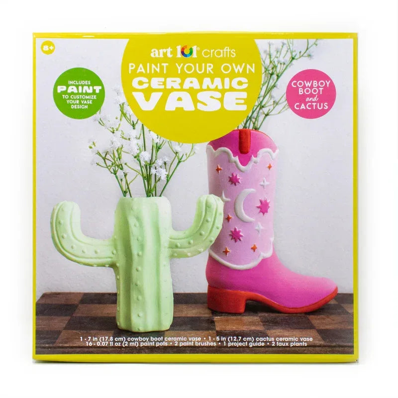 Paint Your Own Ceramic Vase Art Set with Cactus and Cowboy Boot Designs