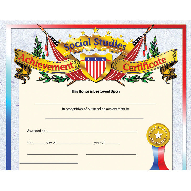 Social Studies Achievement Certificate, 8.5" x 11", Pack of 30