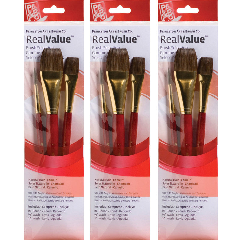 RealValue Brush Set, Camel Bristles, Short Handle Mixed Media Paintbrush, Red, 3 Per Set, 3 Sets