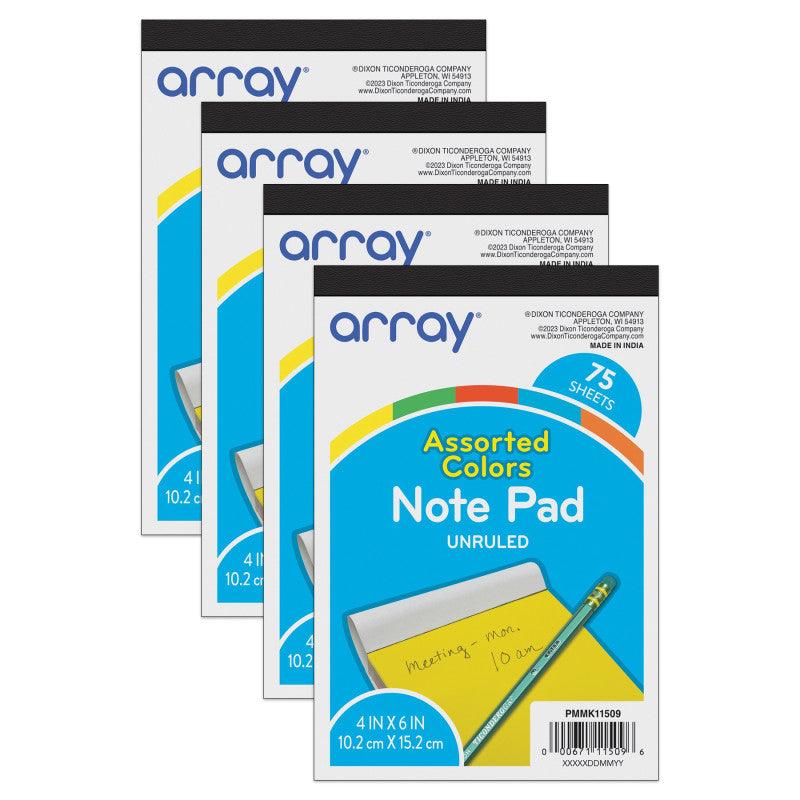 Vibrant Assorted Unruled Note Pad, 4" x 6", 75 Sheets, 4 Pack