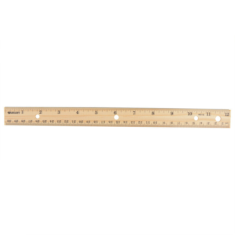 Three-Hole Punched Wood Ruler, Standard/Metric, 12 in (30 Cm) Long, Natural Wood, 36 Per Pack