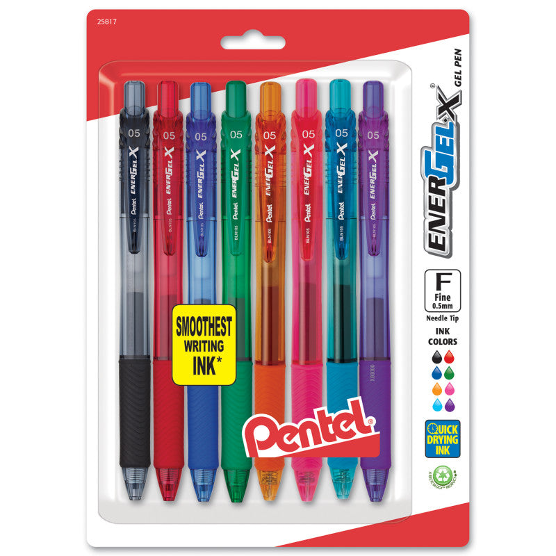 EnerGel-X Retractable Liquid Gel Pen, (0.5mm) Needle Tip, Fine Line, Assorted Ink, 8-Pack
