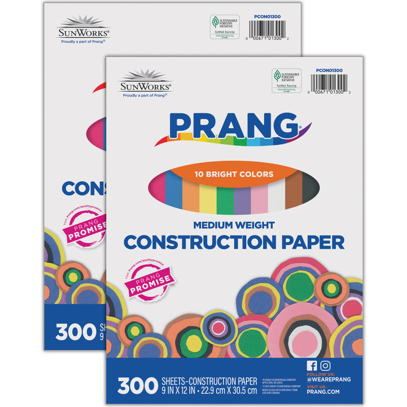 Construction Paper, Medium Weight, 10 Assorted Colors, 9" x 12", 300 Sheets Per Pack, 2 Packs