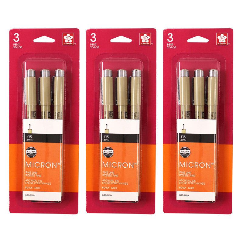 Pigma Micron Pens, Size 08 Fine Point, Black, 3 Per Set, 3 Sets