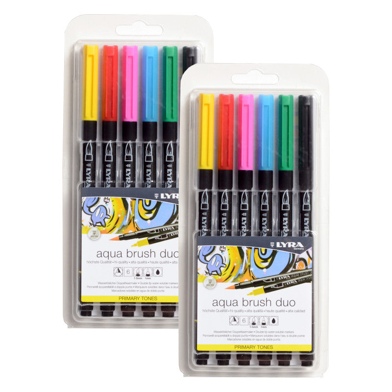 Aqua Brush Duo Dual Tip Marker Set, Primary Assorted Colors, 6 Per Set, 2 Sets