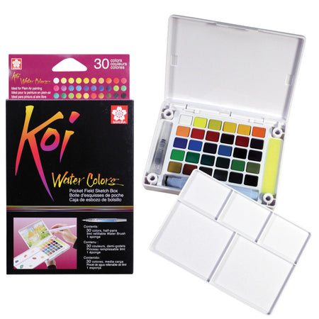 Koi Water Colors Field Sketch Box with Brush, 30 Colors