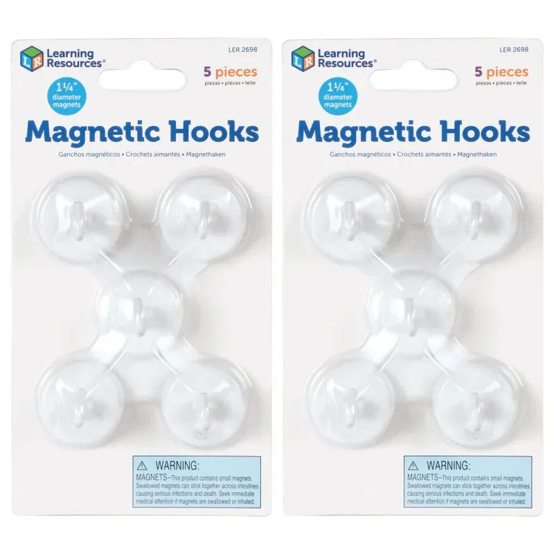 Magnetic Hooks, 1.25" Diameter, White, 5 Per Pack, 2 Packs