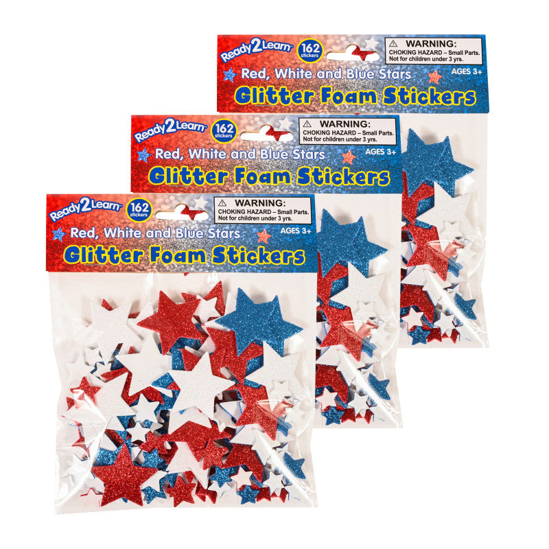 Glitter Foam Stickers, Stars, Red White and Blue, 162 Pieces Per Pack, 3 Packs