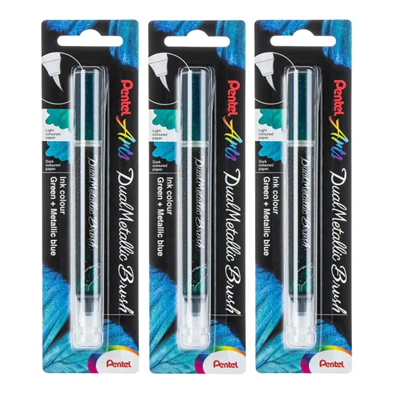 DualMetallic Brush, Green/Metallic Blue Ink, Pack of 3