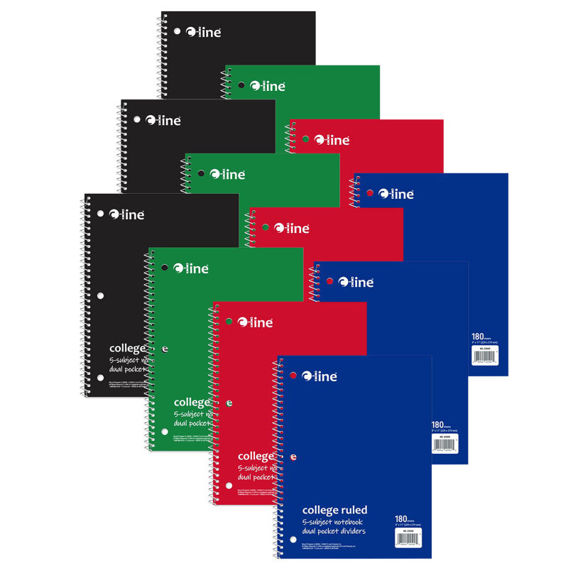5-Subject Notebooks, College Ruled, 180 Sheets, 9" x 11", Assorted Primary Colors, Pack of 12