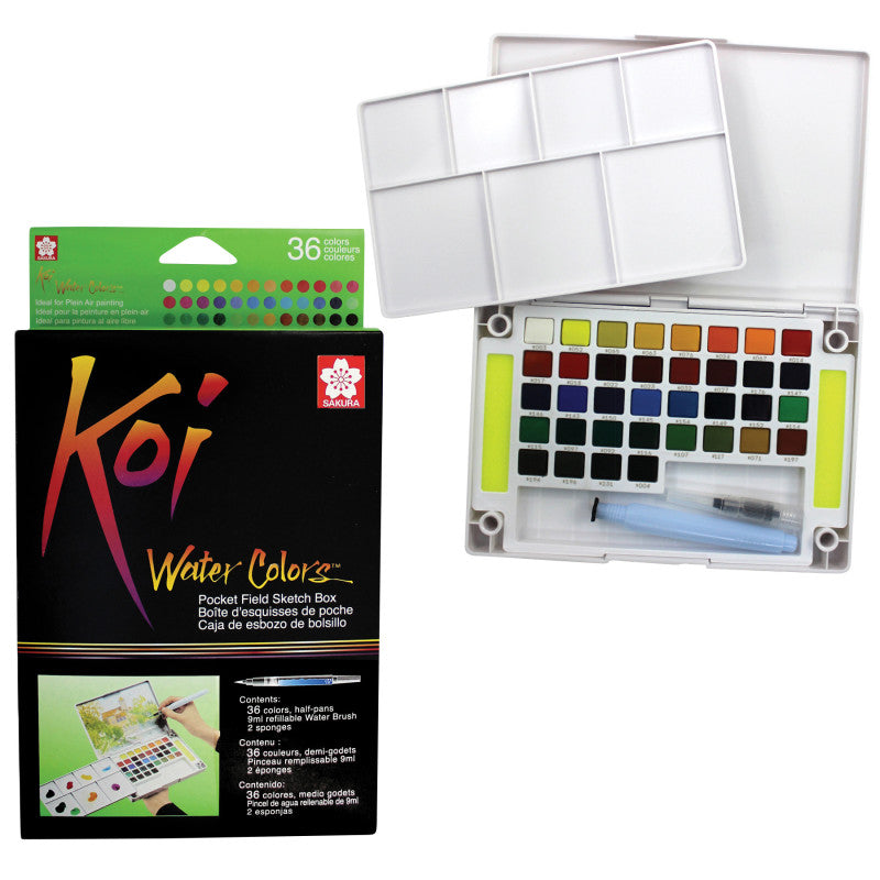 Koi Water Colors Field Sketch Box with Brush, 36 Colors
