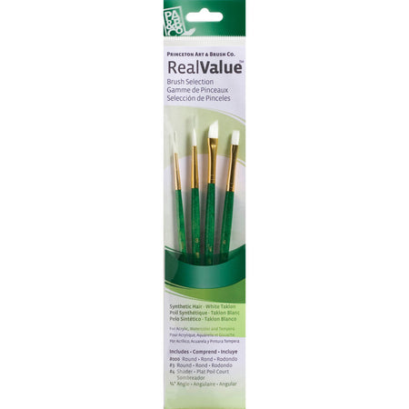 RealValue Brush Set, White Taklon Bristles, Short Handle Mixed Media Paintbrush, Green, 4 Pieces