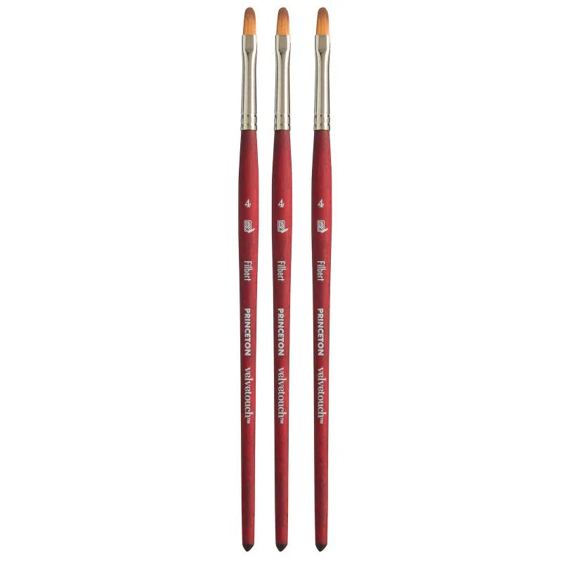 Velvetouch Filbert Brush, Synthetic Bristles, Short Handle Mixed Media Paintbrush, Scarlet, Size 4, Pack of 3