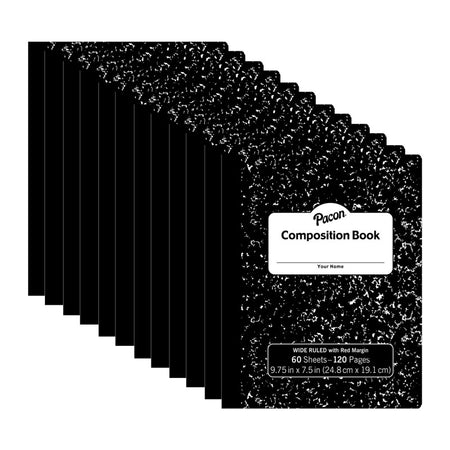 Composition Book, Black Marble, 3/8" Ruled w/Margin, 9-3/4" x 7-1/2", 60 Sheets, Pack of 12