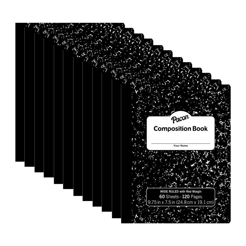 Composition Book, Black Marble, 3/8" Ruled w/Margin, 9-3/4" x 7-1/2", 60 Sheets, Pack of 12