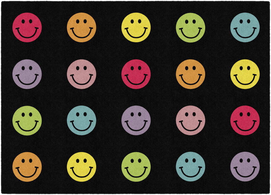 RAINBOW SMILEYS IN BLACK CRISS-CROSS APPLESAUCE RECTANGLE CARPETS 5' X 7'6"