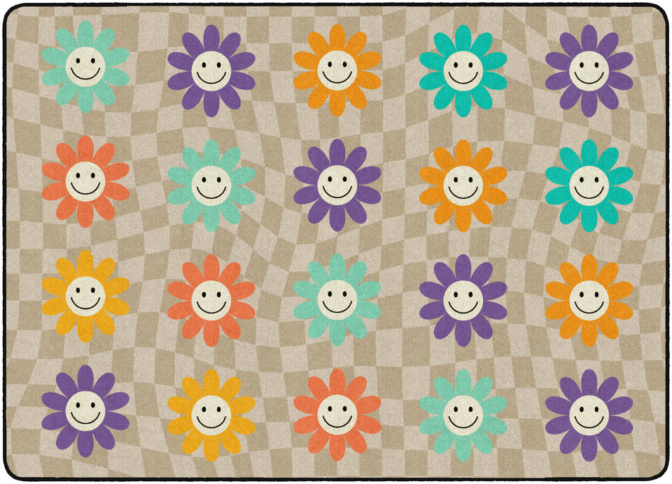 GROOVY FLOWERS ON CHECKERBOARD RECTANGLE CARPETS 6' X 8'4"