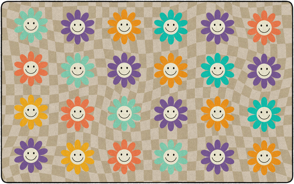 GROOVY FLOWERS ON CHECKERBOARD RECTANGLE CARPETS 7'6" X 12'