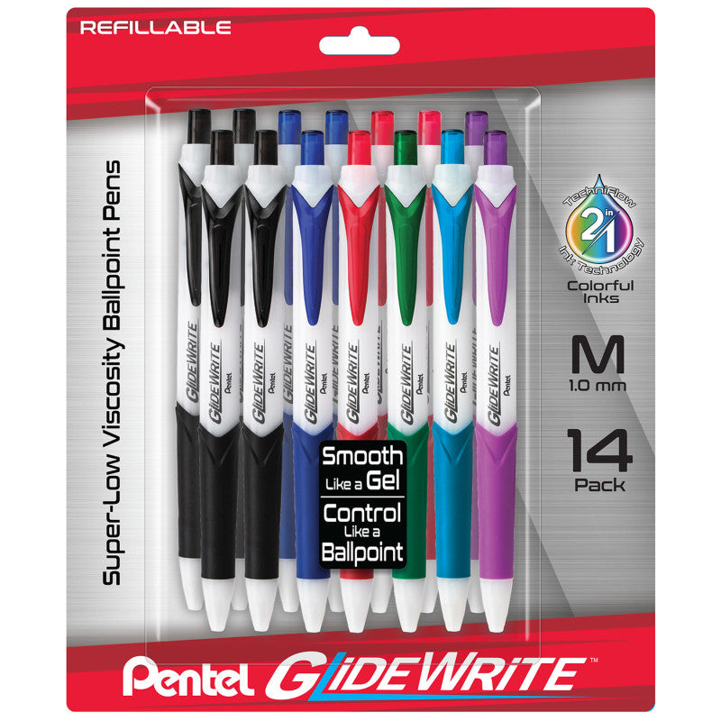 GlideWrite Ballpoint Pen with TechniFlo Ink, (1.0mm) Medium Line, Assorted Ink, 14-Pack