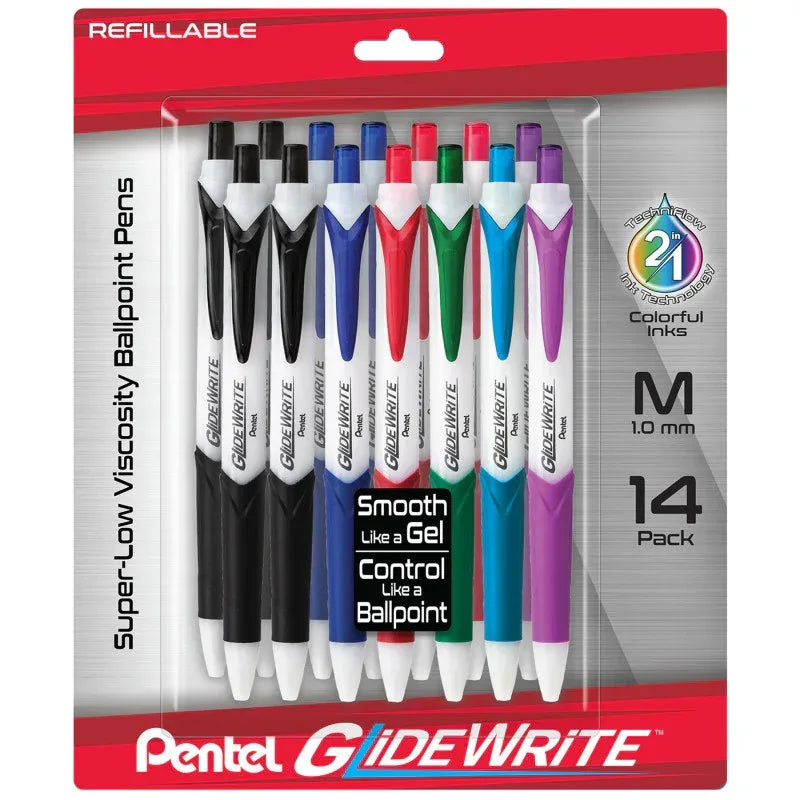 GlideWrite Ballpoint Pen with TechniFlo Ink, (1.0mm) Medium Line, Assorted Ink, 14-Pack