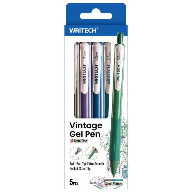 Vintage Color Retractable Gel Pens, Green and Blue Tones, 0.5 mm, 5 Count
