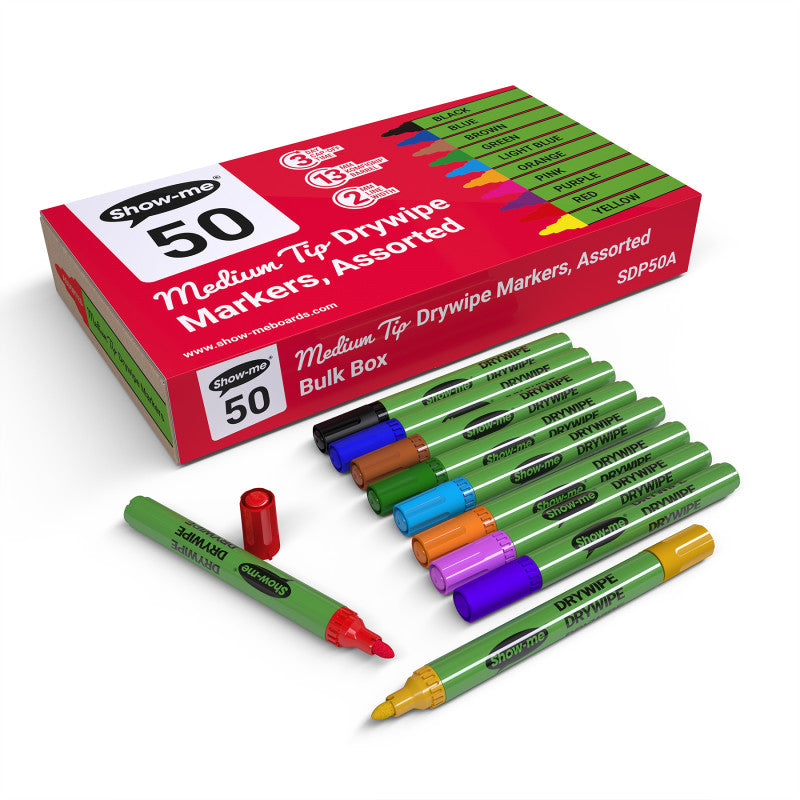Dry Erase Whiteboard Markers, Medium Tip, Slim Barrel, Assorted Colors, Box of 50