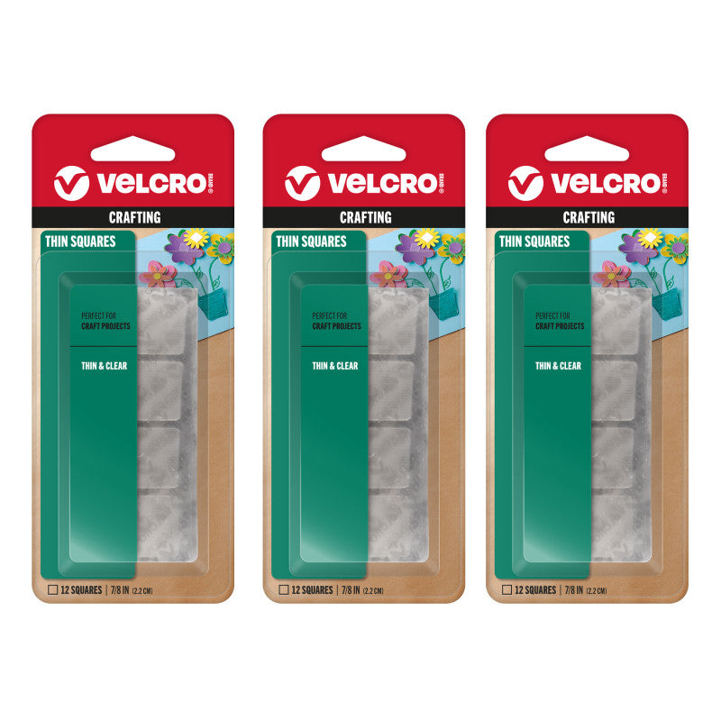 3-Pack Thin Clear Hook and Loop Squares, 7/8 in Squares, Clear, 36 Count