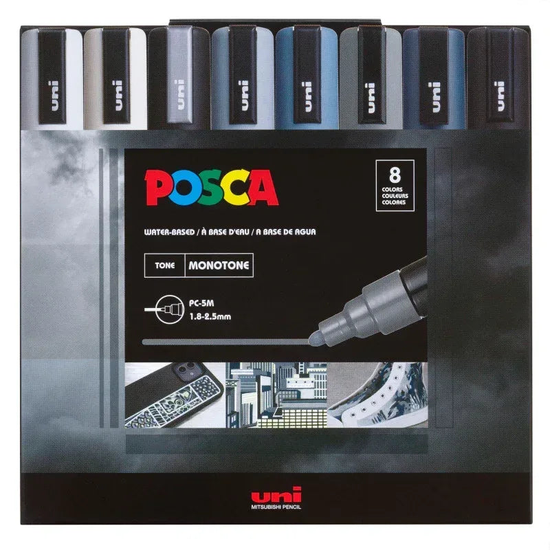 uni® POSCA PC-5M Monotone Water-Based Paint Markers, Reversible Medium Tip (1.8-2.5mm), Monotone Ink Colors, 8 Pack