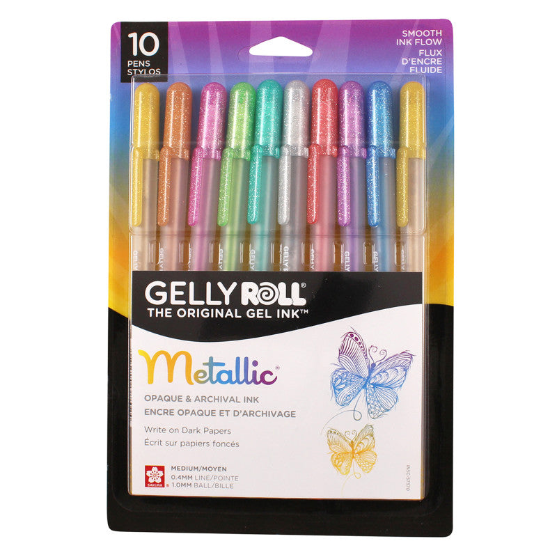 Metallic Gel Pens, Medium Point, Assorted Colors, 10-Piece Set, Blister Pack