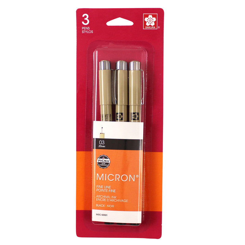 Pigma Micron Pens, Size 03 Fine Point, Black, 3-Pack, Blister Pack