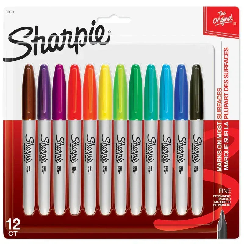 Permanent Markers, Fine Point, Assorted Colors, 12 Count