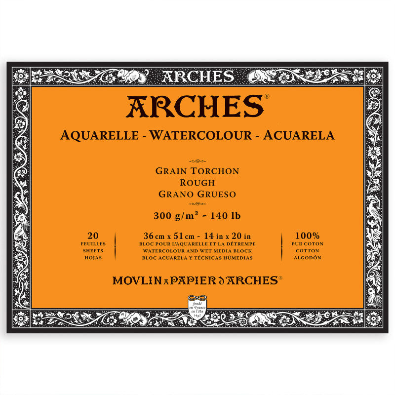Arches Aquarelle Watercolor Paper Block, Rough, Natural White, 140lb/300gsm, 20 Sheet, 14x20 inch, 1 Count