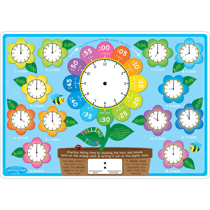 Smart Poly&trade; Learning Mat, 12" x 17", Double-Sided, Telling Time